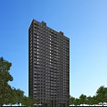 Modern High Rise Residential Building Surrounded By Green Trees And Blue Sky City Skyline
