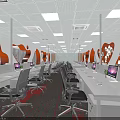 Modern Open Public Office Space With Multiple Workstations White Desks And Red Decorations 3d model
