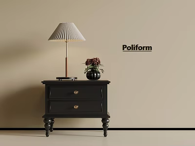 Poliform Black Bedside Table With Two Drawers Table Lamp And Vase With Red Flowers 3d model