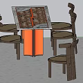 Wooden Dining Table With Patterned Top Orange Legs And Four Chairs Set 3d model