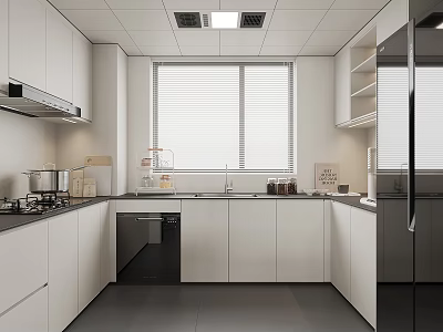 Modern Kitchen Interior Design With White Cabinets Black Countertops Window And Appliances 3d model