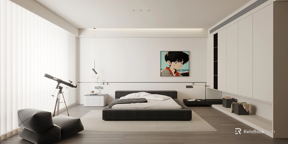Modern Bedroom Interior With Black Bed White Cabinets Portrait Artwork And Natural Light 3d model 