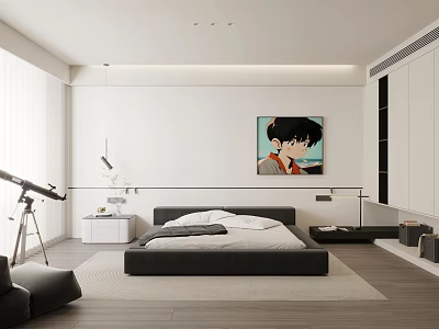 Modern Bedroom Interior With Black Bed White Cabinets Portrait Artwork And Natural Light 3d model