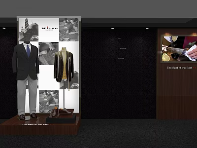 Men's Clothing Display Shelves With Mannequins Suits Coats And Decorative Wall 3d model