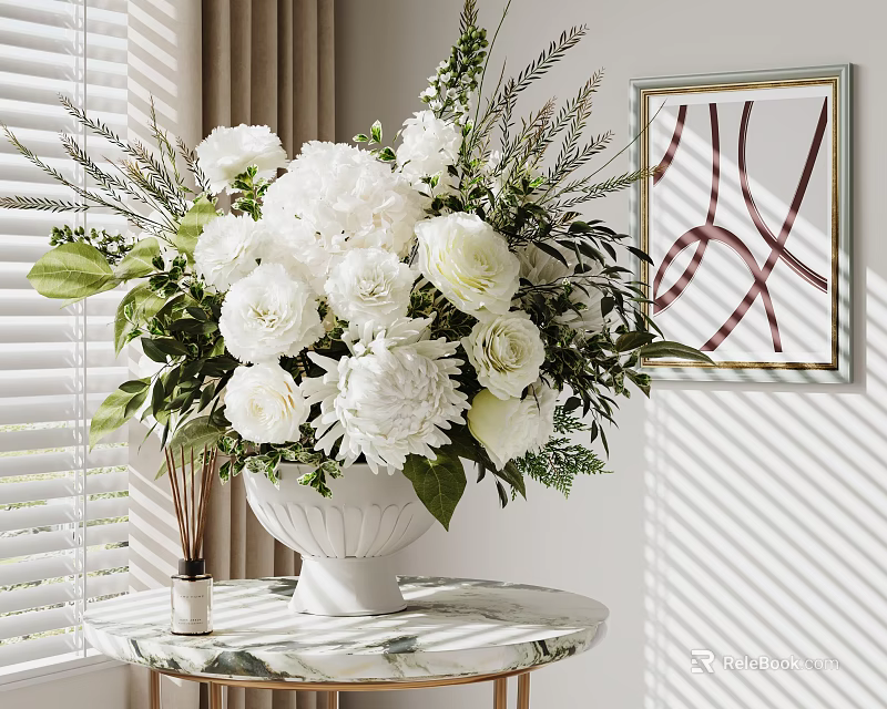 Elegant Ornament Decoration Set With White Flowers Greenery Vase And Wall Art On Marble Table 3d model 