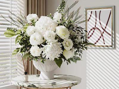 Elegant Ornament Decoration Set With White Flowers Greenery Vase And Wall Art On Marble Table 3d model