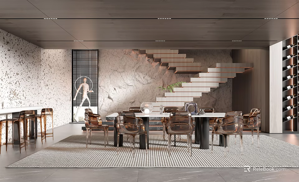 Elegant Restaurant Interior With Marble Wall Modern Staircase Metal Chairs And Checkerboard Rug 3d model 