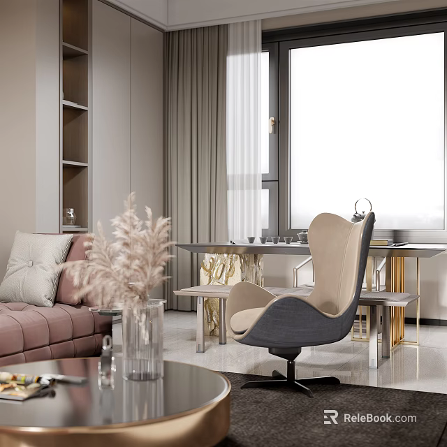Elegant Modern Living Dining Room Interior With Pink Sofa And Marble Dining Table 3d model 