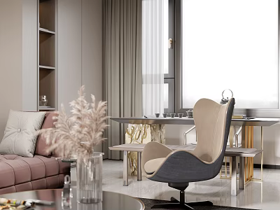 Elegant Modern Living Dining Room Interior With Pink Sofa And Marble Dining Table 3d model