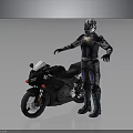 Armored Character In Silver Helmet And Blue Black Armor By Black Motorcycle
