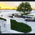 Modern Landscape Seats With Curved Design Lawn Trees And Sunset View