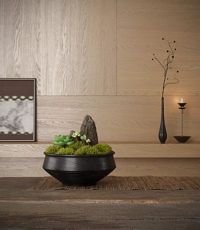 Bonsai Potted Plant In Black Pot With Moss Succulent And Wooden Wall Decor 3d model