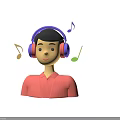 Man in Red Shirt Wearing Purple Headphones Listening to Music with Musical Notes