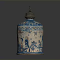 Traditional Ceramic Jar With Lid And Painted Blue White Landscape Figures