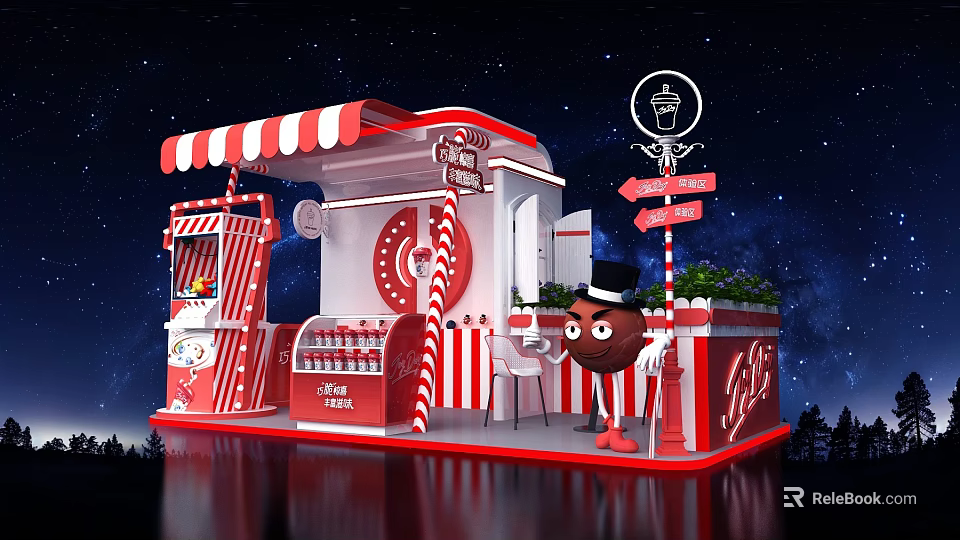 Sign In Booth Featuring Red White Stripes Cartoon Chocolate Cookie Drinks And Starry Sky 3d model 