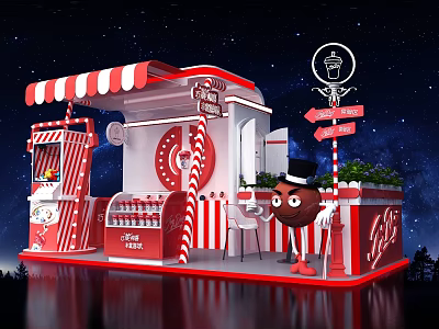 Sign In Booth Featuring Red White Stripes Cartoon Chocolate Cookie Drinks And Starry Sky 3d model