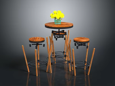 Modern Round Wooden Table With Stools And Yellow Flower Vase 3d model