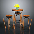Modern Round Wooden Table With Stools And Yellow Flower Vase