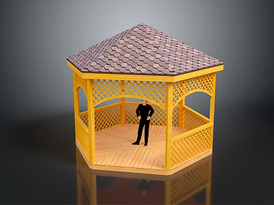 Yellow Hexagonal Gazebo Featuring Wooden Lattice Tiled Roof And Person Standing Inside Structure 3d model