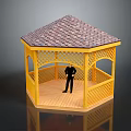 Yellow Hexagonal Gazebo Featuring Wooden Lattice Tiled Roof And Person Standing Inside Structure