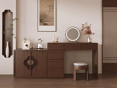 Elegant New Chinese Style Solid Wood Dressing Table With Ample Storage And Lighted Makeup Mirror 3d model