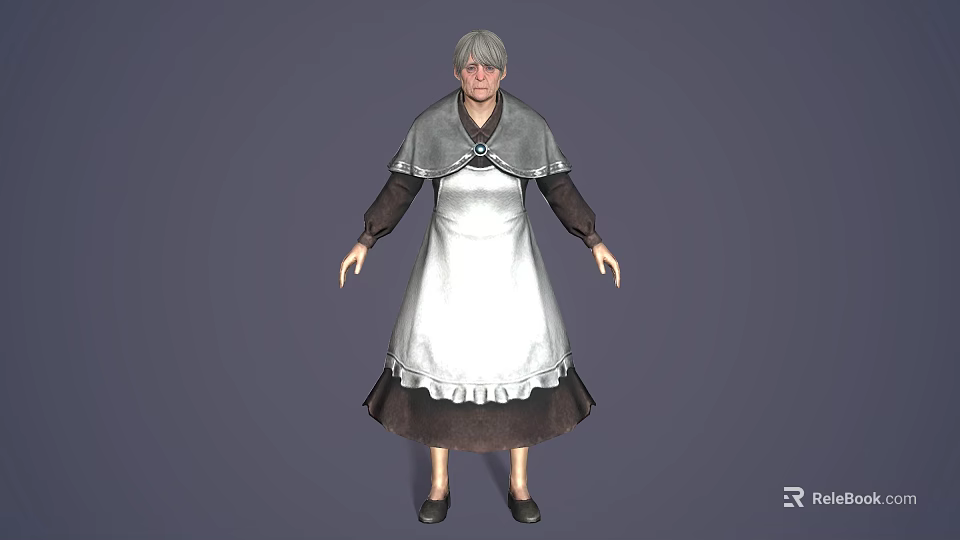 Game Movie Character With White Hair Gray Shawl And White Frilled Apron 3d model 