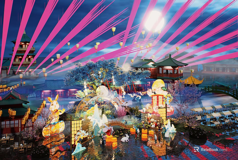 Traditional Photo Check-in Spot With Ancient Architecture Lanterns Moonlit Decorations And Rabbit Figures 3d model 