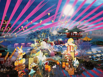 Traditional Photo Check-in Spot With Ancient Architecture Lanterns Moonlit Decorations And Rabbit Figures 3d model