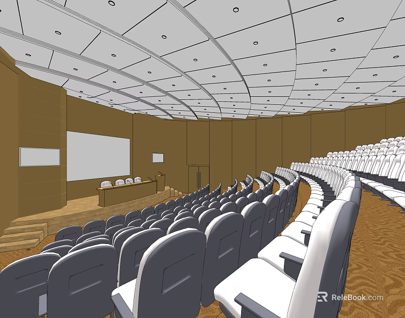 Conference Room With Stepped Seating Lectern Screen Brown Walls And Ceiling Lights 3d model 