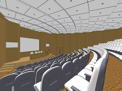 Conference Room With Stepped Seating Lectern Screen Brown Walls And Ceiling Lights 3d model