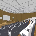 Conference Room With Stepped Seating Lectern Screen Brown Walls And Ceiling Lights