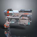 Futuristic Sci-Fi Gun Weapon Featuring Metal Construction And Orange Blue Accents Design