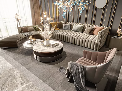 Elegant Modern Beige Sofa and Round Marble Coffee Table Set with Throw Pillows Accent Chair 3d model