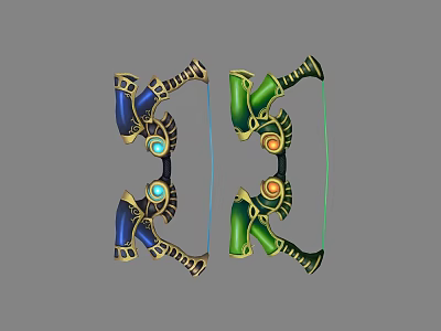 Fantasy Weapon Bow With Blue Green Colors Golden Accents And Decorative Gemstones 3d model