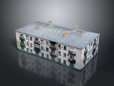 Cartoon Style Residential Building With Multi Story Gray Roof White Walls Balconies Green Railings And Chimneys 3d model