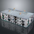 Cartoon Style Residential Building With Multi Story Gray Roof White Walls Balconies Green Railings And Chimneys
