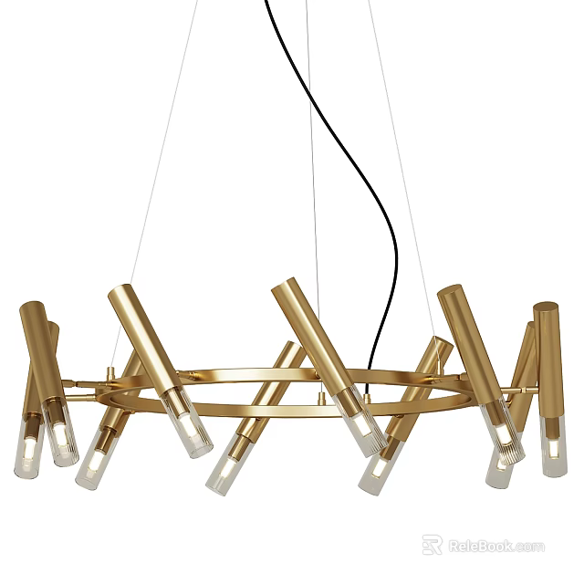 Modern Golden Ring Shaped Pendant Light With Cylindrical Arms And Transparent Shades 3d model 