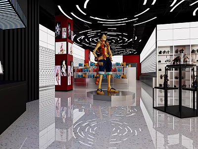 Large Anime Action Figure in Modern Display Space with Shelves Collectibles Shiny Floor Circular Lights 3d model