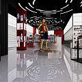 Large Anime Action Figure in Modern Display Space with Shelves Collectibles Shiny Floor Circular Lights