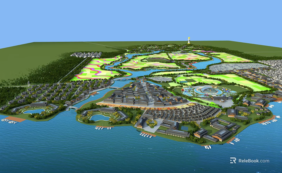 Aerial View Planning of Comprehensive Area with Water Bodies Green Spaces and Building Clusters 3d model 
