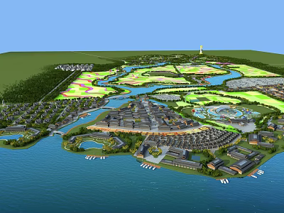 Aerial View Planning of Comprehensive Area with Water Bodies Green Spaces and Building Clusters 3d model