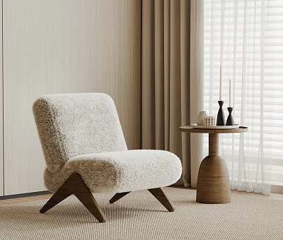 Plush Lounge Chair With Fluffy Fabric Wooden Legs And Side Table For Modern Living Space 3d model