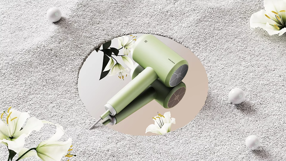 Light Green Hair Dryer On Round Mirror With White Flowers And Sandy Background 3d model 