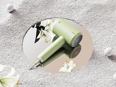 Light Green Hair Dryer On Round Mirror With White Flowers And Sandy Background 3d model Light Green Hair Dryer On Round Mirror With White Flowers And Sandy Background 3d model