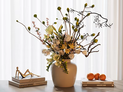 White Ceramic Vase With Mixed Flowers Decorative Branches And Oranges Near Books On Table 3d model