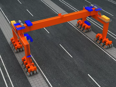 Orange Gantry Crane With Multiple Wheels And Blue Components On Road 3d model
