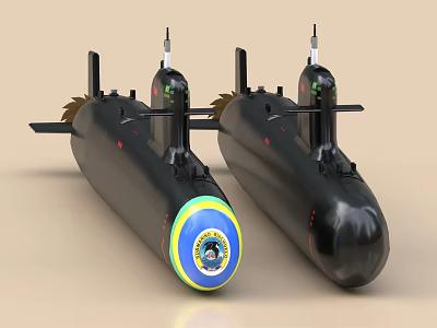 Two Black Military Submarines Side By Side 3D Render With Emblem 3d model