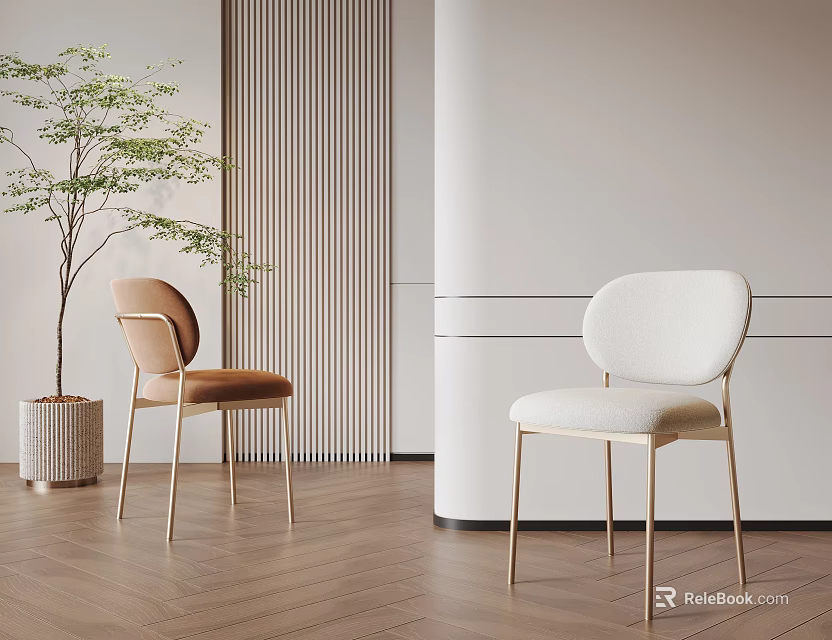 Upholstered Single Chairs with Metal Legs on Wooden Floor Vertical Striped Wall and Potted Plant 3d model 