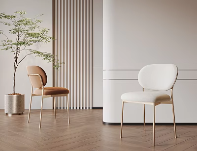 Upholstered Single Chairs with Metal Legs on Wooden Floor Vertical Striped Wall and Potted Plant 3d model
