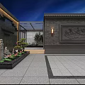 Chinese Style Feature Wall in Courtyard With Stone Paved Path Lanterns And Greenery